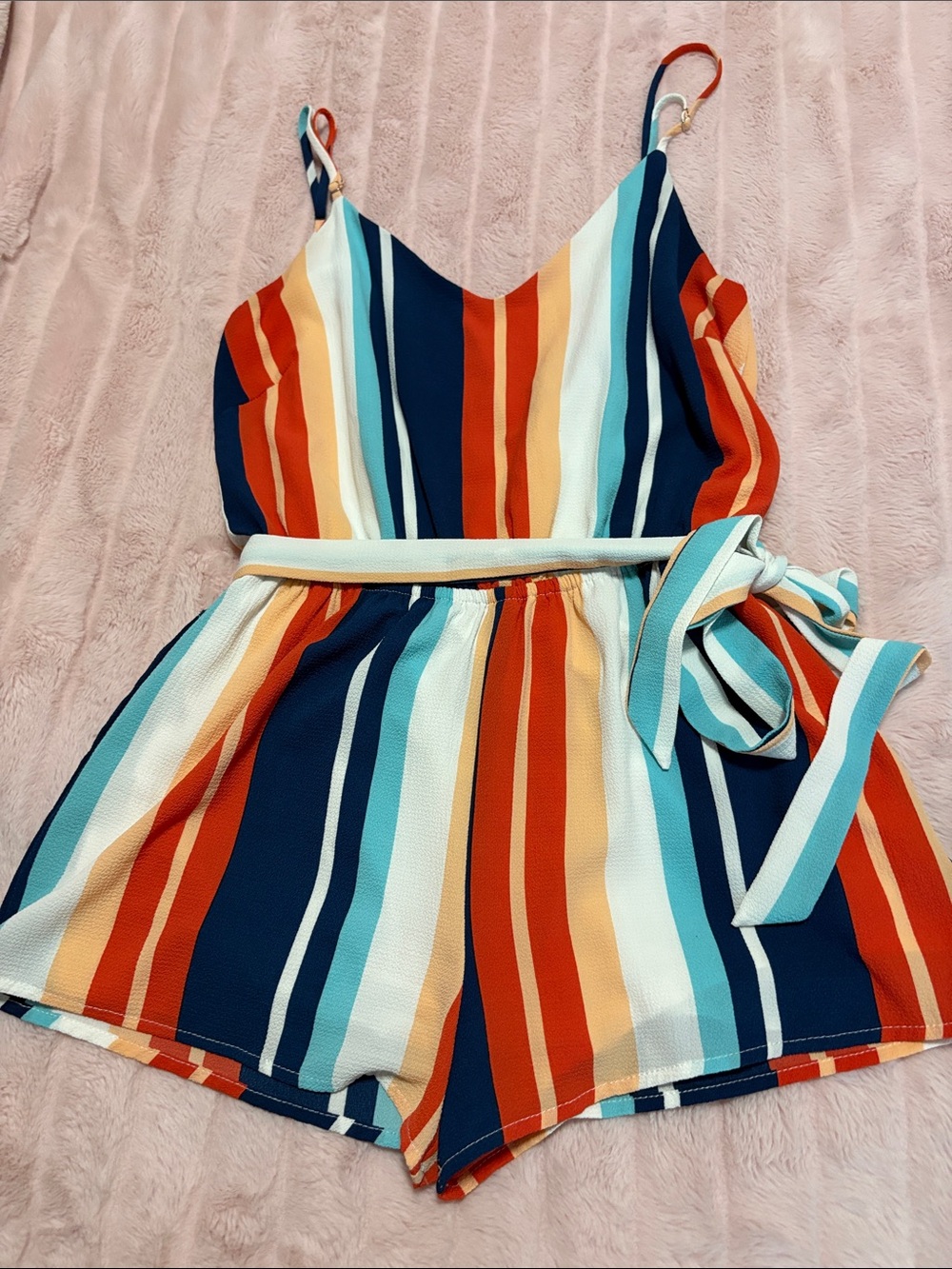 Lulu's Striped Multicolor Tie-Waist Romper in Navy, Red & Teal